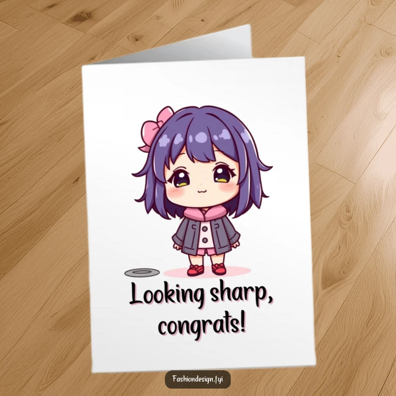 Funny Free Printable Congrats Card showing a beaming character admiring a colorful mannequin, celebrating style achievements.