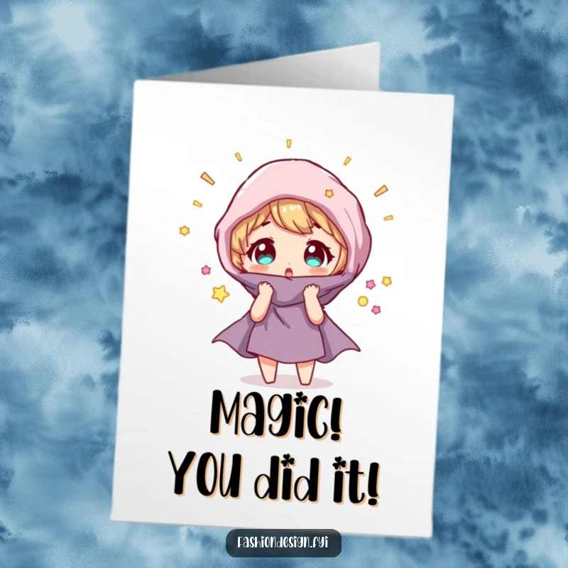 Funny Free Printable Congrats Card: Character surprised by magical fabric transformation, celebrating success.