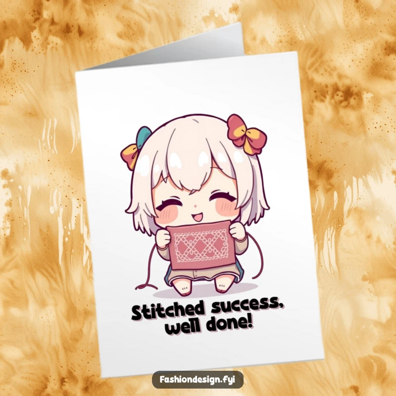 Funny Free Printable Congrats Card: Character expressing delight at a delicate, intricate stitch, a perfect DIY gift.