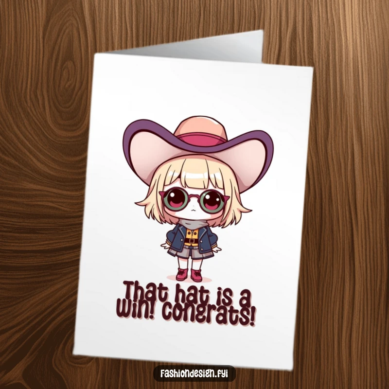 Funny free printable congratulations card showing a proud fashionista modeling an outrageous hat, celebrating a grand accomplishment.