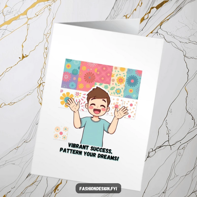 Funny Free Printable Congrats Card: Person enthusiastically gesturing towards a mood board of vibrant patterns, a dynamic DIY gift.