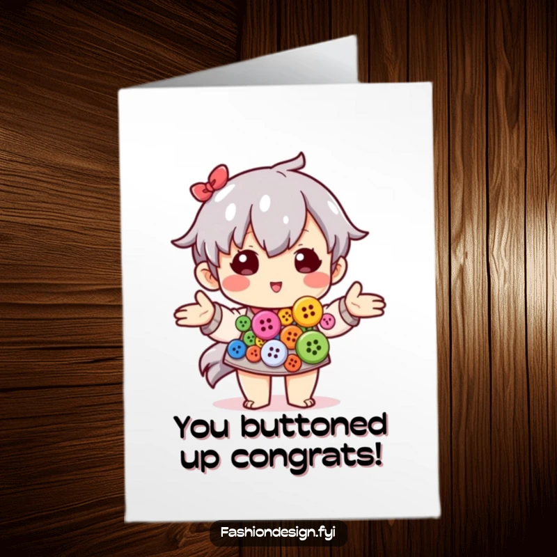 Funny Free Printable Congrats Card: Proud character displays colorful buttons, celebrating success.