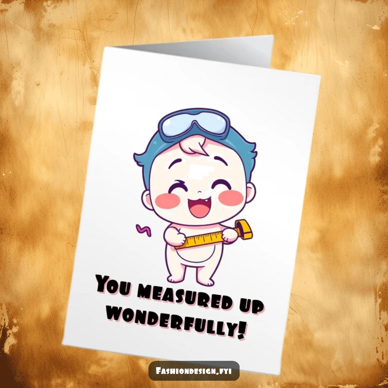 Funny Free Printable Congrats Card showing a character eagerly measuring with a tape, celebrating achievement.