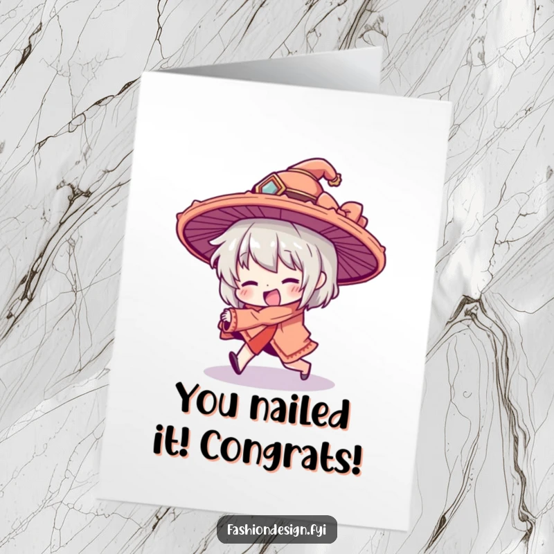 Funny Free Printable Congratulations Card: Character tripping in a huge hat, perfect for a celebratory laugh.