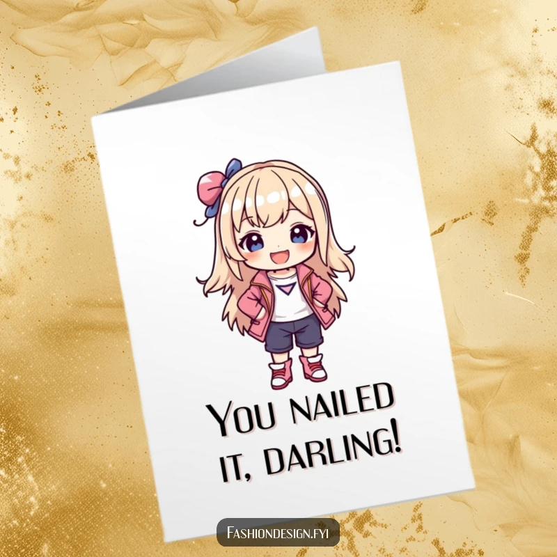 Funny Free Printable Congrats Card: Joyful character striking a confident pose in a stylish, self-created outfit, perfect for celebrations.