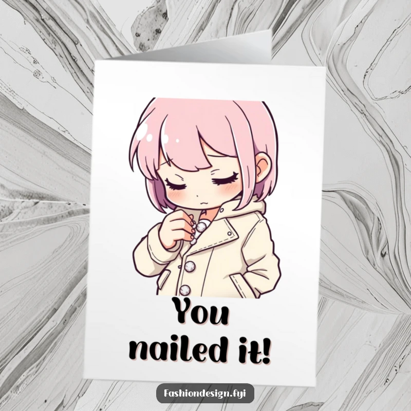 Funny Free Printable Congratulations Card featuring a character intently stitching tiny, sparkling buttons onto a stylish jacket, celebrating success.