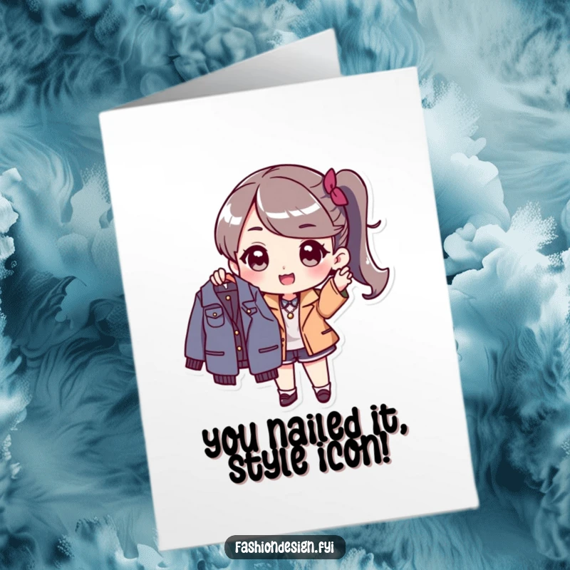 Funny Free Printable Congrats Card: Stylish character holding a new garment, celebrating a fashion win with excitement.