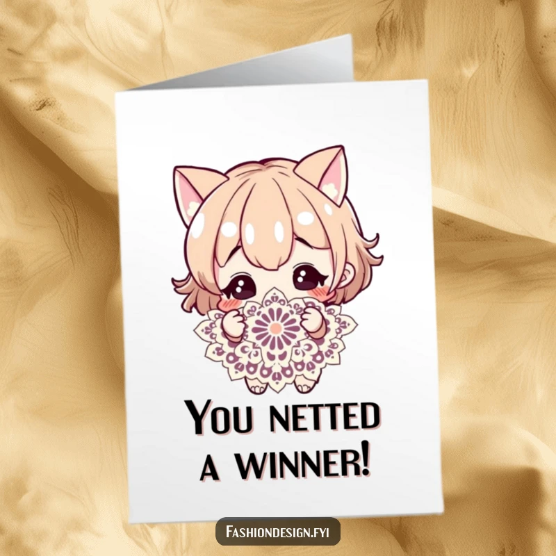 Funny Free Printable Congratulations Card showing a curious character marveling at the detailed perfection of a lace design.