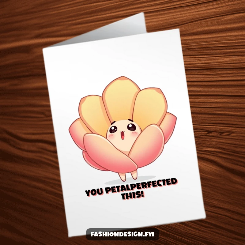 Funny Free Printable Congrats Card: Surprised character looks up as a large embroidered fabric petal falls, great for DIY.