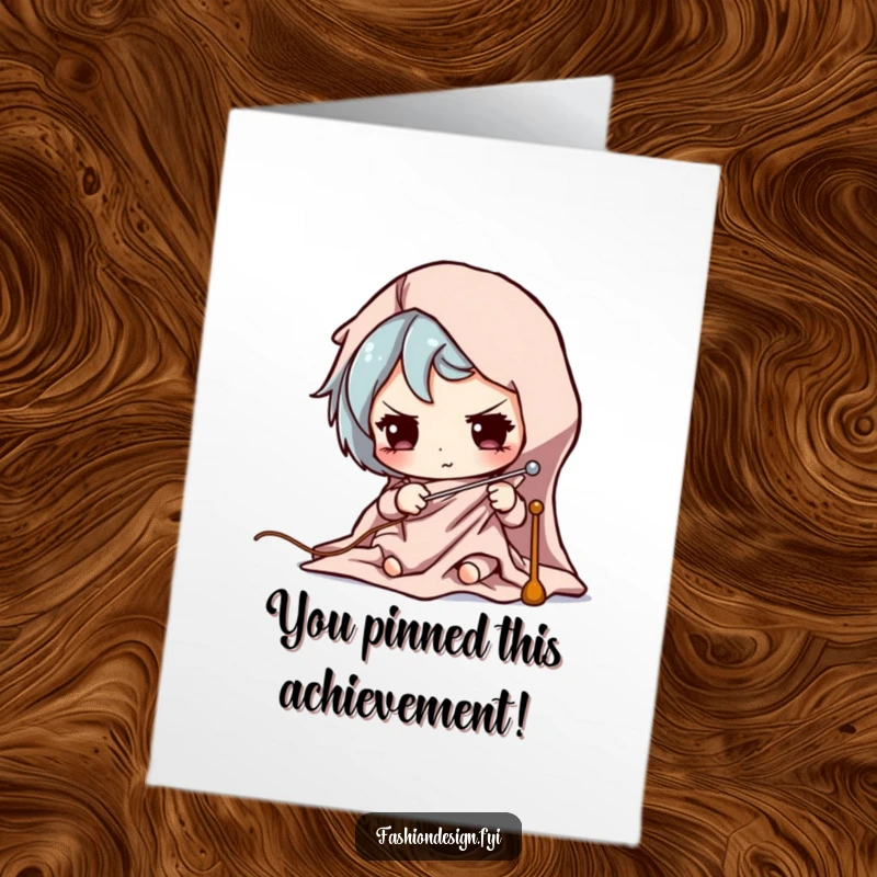 Funny Free Printable Congrats Card: Character pins fabric with precision, celebrating a success.