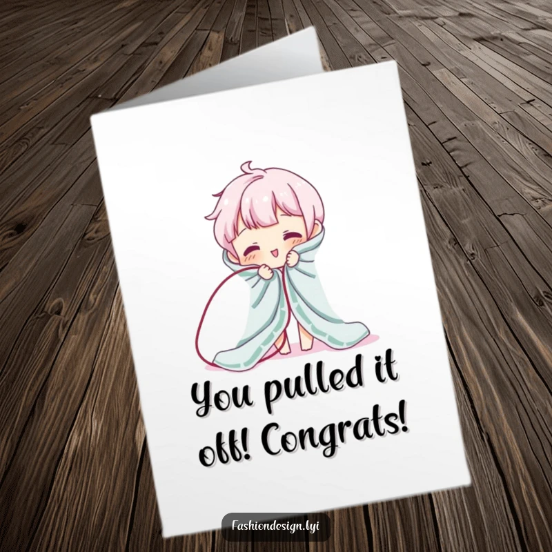 Funny Free Printable Congratulations Card: Character causing chaos by unraveling fabric, symbolizing a wild success.