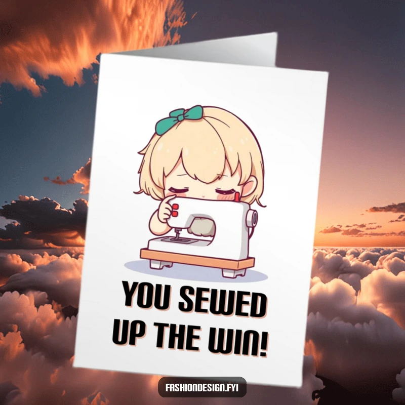 Funny Free Printable Congratulations Card: A curious character examines a tiny sewing machine, celebrating a success.