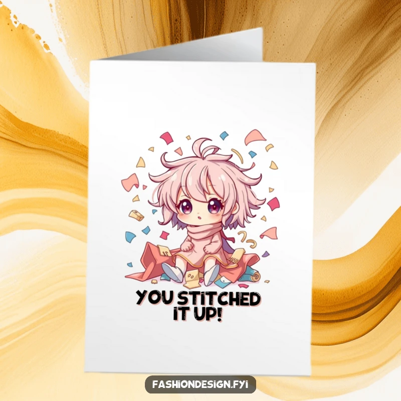 Funny Free Printable Congratulations Card: Character amidst flying fabric scraps, celebrating chaotic creativity.