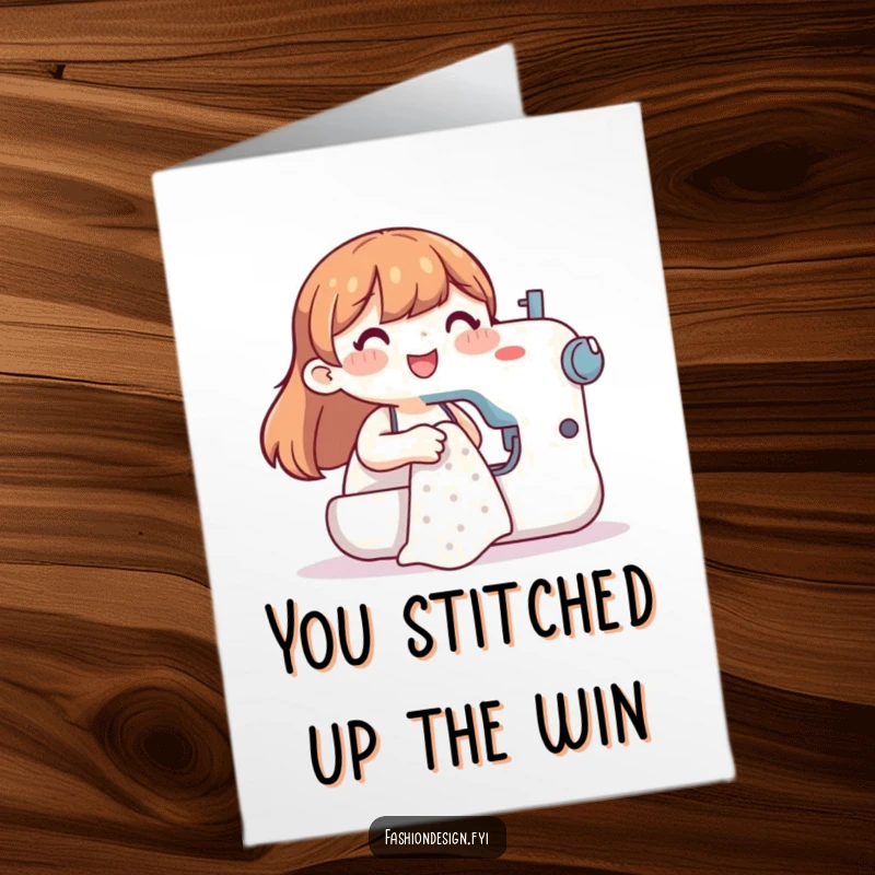 Funny Free Printable Congratulations Card: Happy character proudly finishing a garment on a sewing machine.