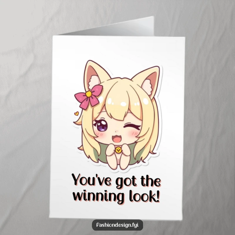 Funny free printable congratulations card with a winking character adding a whimsical accessory, perfect for celebrating wins.