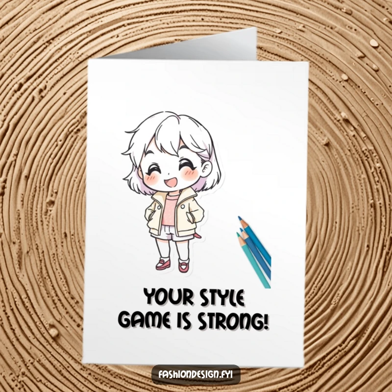 Funny Free Printable Congrats Card: Cheerful character joyfully sketches a new fashion design, celebrating achievement with humor.