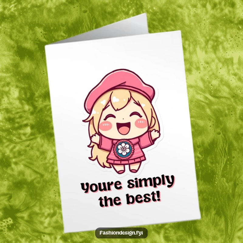 Free Printable Congratulations Card: A joyful character in a beret proudly displays an embroidered patch, celebrating success with style.