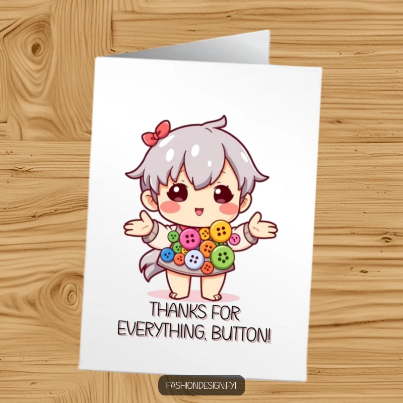 Funny Free Printable Thank You Card: Proud character arranges colorful buttons, showing gratitude.