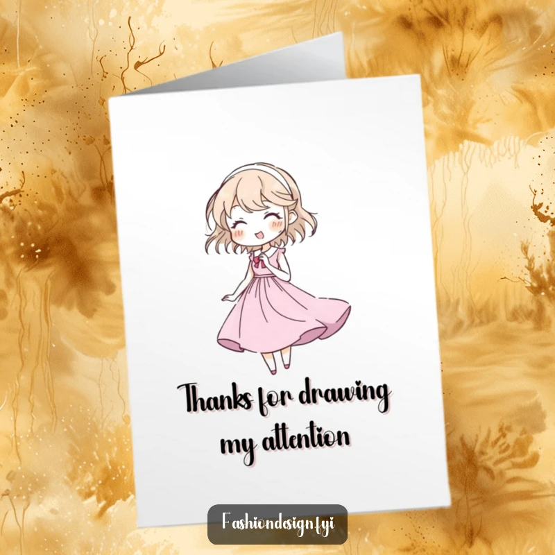 Funny Free Printable Thank You Card: A character enthusiastically sketches a graceful gown, sending thanks with a creative and funny flair.
