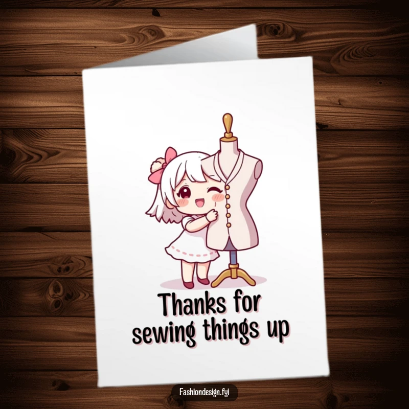 Funny Free Printable Fashion Thank You Card: Character styles fabric on a mannequin, a creative thank you downloadable.
