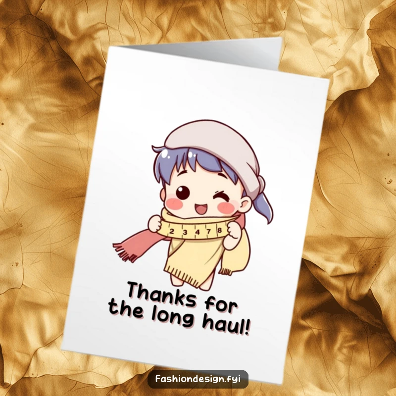 Funny Free Printable Thank You Card: Character measures an impossibly long scarf, expressing thanks.