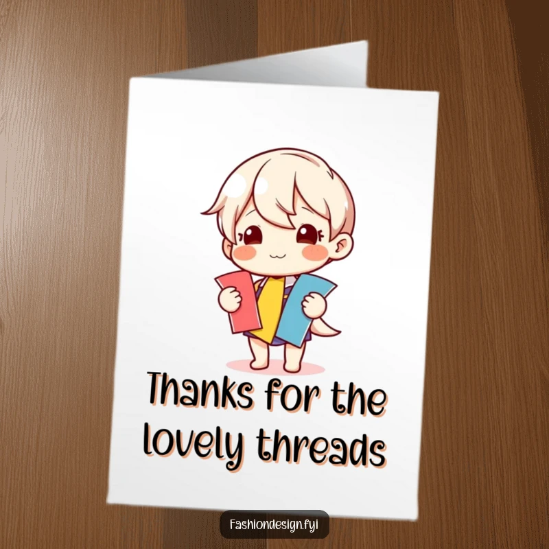 Funny Free Printable Thank You Card showing a smiling character presenting a beautifully coordinated set of fabric samples.