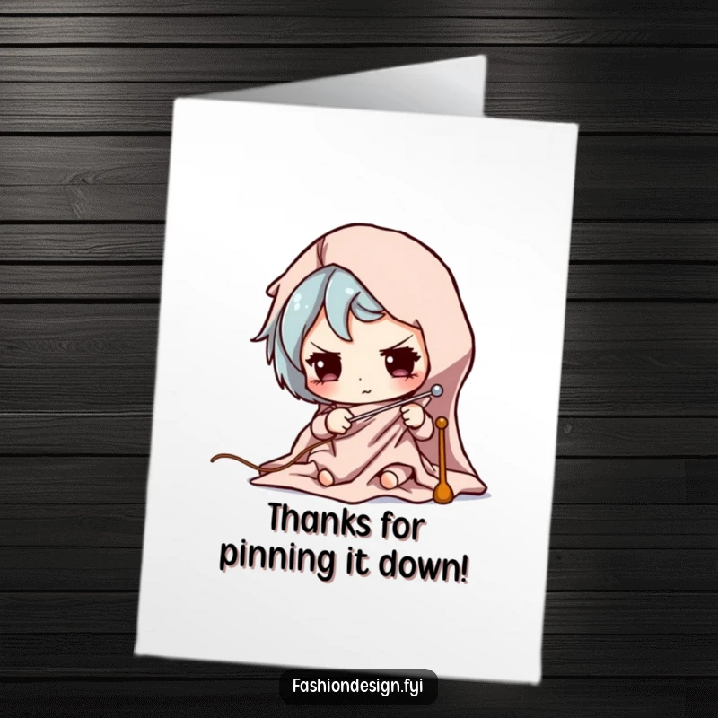 Funny Free Printable Thank You Card: Character pins fabric with precision, showing gratitude.