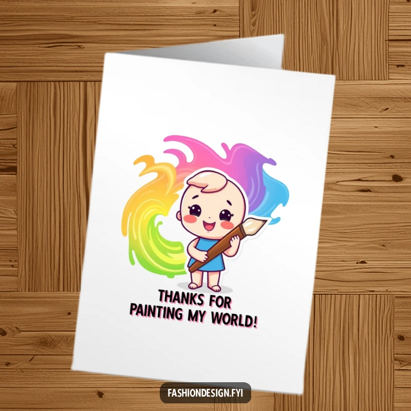 Funny Free Printable Thank You Card: Character creates colorful paint swirls as a gesture of thanks.