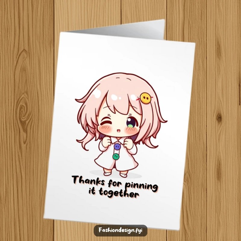 Funny Free Printable Thank You Card: Character joyfully pinning colorful buttons, a creative and heartfelt thank you.