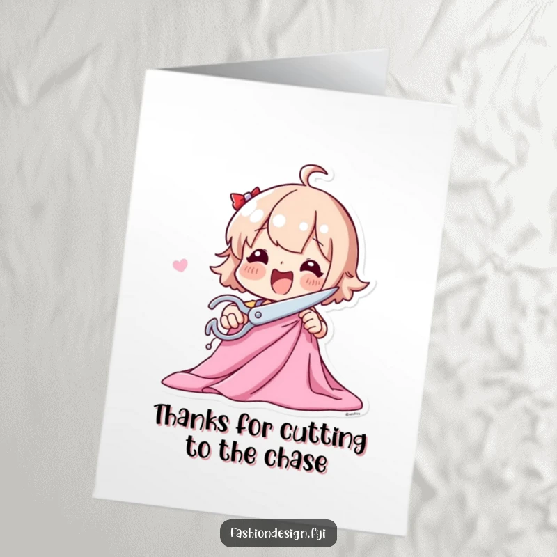 Funny Free Printable Thank You Card: Playful character excitedly cutting fabric with large scissors, a humorous expression of thanks.