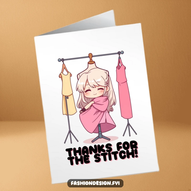 Funny Free Printable Thank You Card: Determined character drapes fabric on a mannequin, showing stylish gratitude. DIY gift.