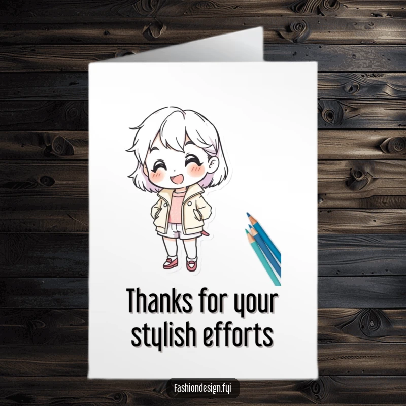 Funny Free Printable Thank You Card: Cheerful character sketching a fashion design, expressing thanks with a humorous touch.