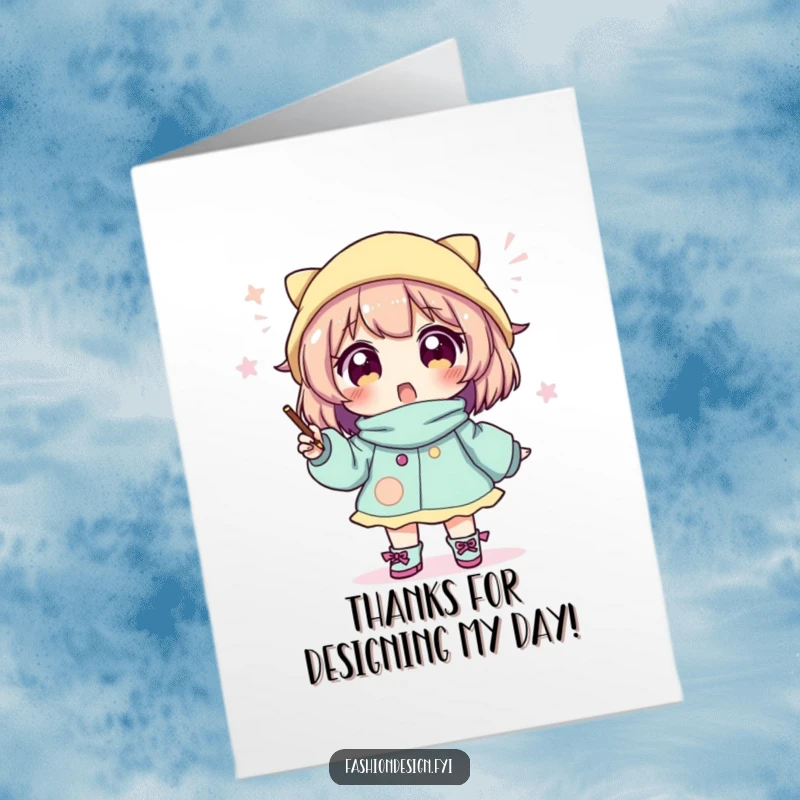 Funny Free Printable Thank You Card: Character sketches a stylish, whimsical outfit to express thanks.