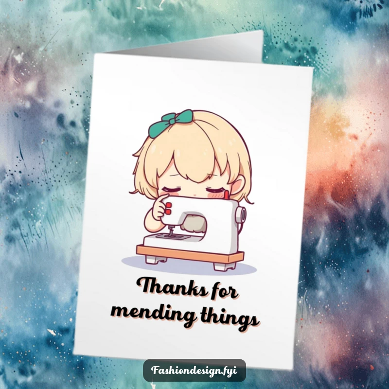 Funny Free Printable Thank You Card: A curious character examines a tiny sewing machine with thanks.