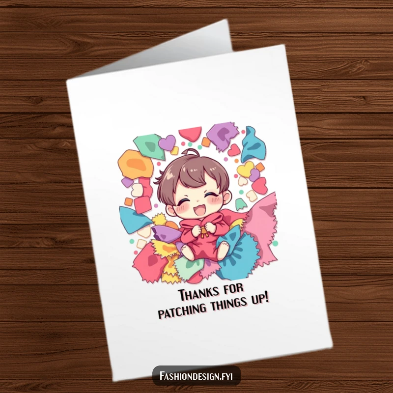 Funny Free Printable Thank You Card: A joyful crafter giggling amidst a rainbow of fabric scraps, expressing thanks with flair.