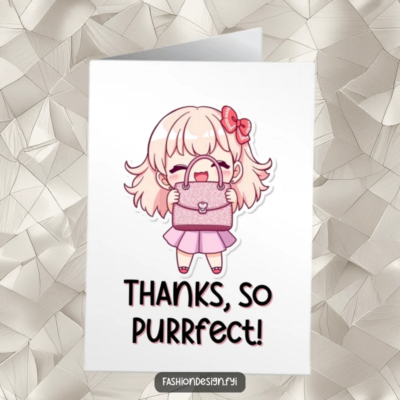 Funny Free Printable Thank You Card with a joyful character showing off a perfectly stitched, miniature, glittering handbag, conveying thanks.