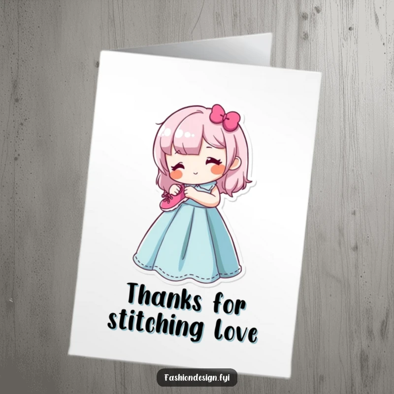 Funny Free Printable Thank You Card: Content character happily sews a tiny smiling shoe onto a vibrant dress form, ideal for DIY.