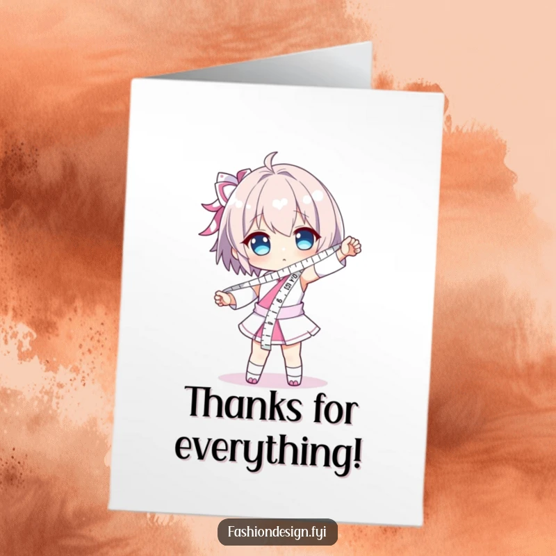 Funny Free Printable Thank You Card: Character posing dramatically with a measuring tape like a sash, a stylish thank you.