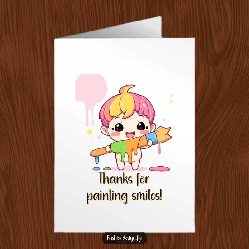 Funny Free Printable Thank You Card: Cute character smiles widely holding a giant paintbrush dripping with colorful rainbow paint.