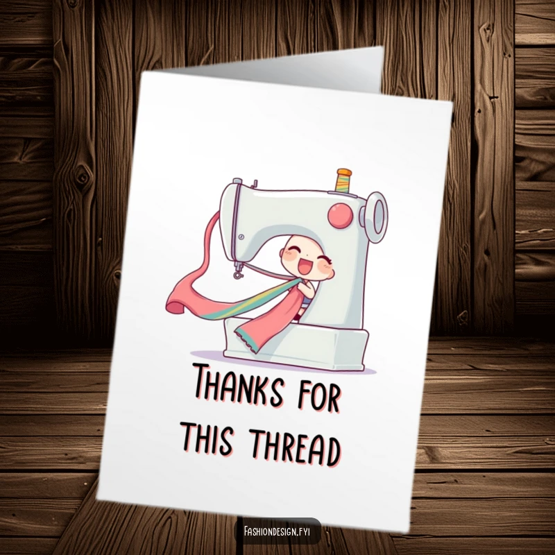 Funny Free Printable Thank You Card featuring a delighted character pulling a long, colorful silk ribbon from a giant sewing machine, showing thanks.