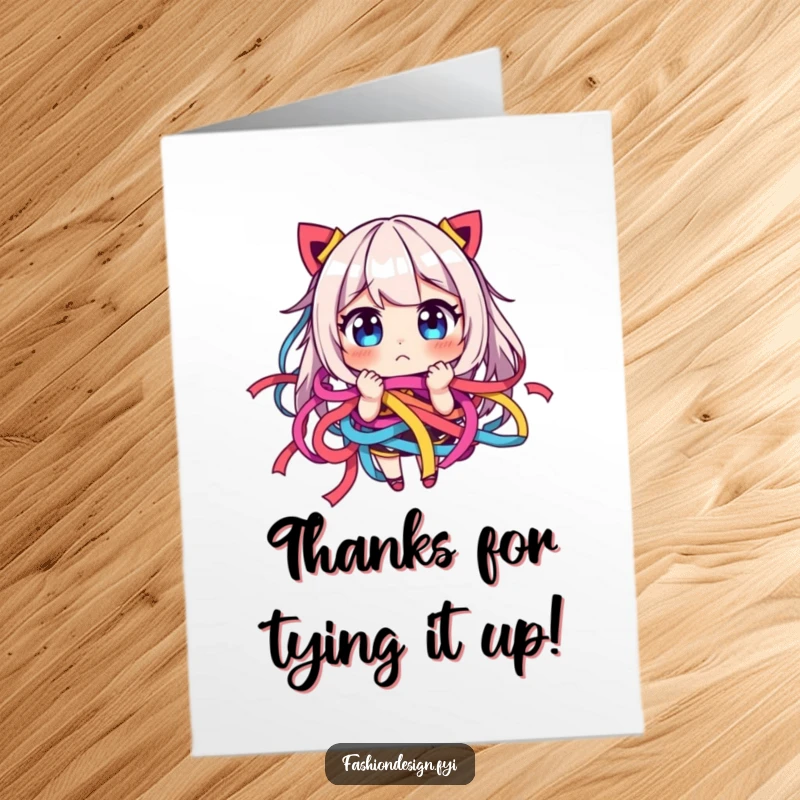 Funny Free Printable Thank You Card with a character playfully stuck in a mess of colorful ribbons.