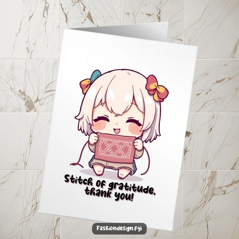 Funny Free Printable Thank You Card: Character admiring an intricate stitch with delight, a charming DIY thank you.