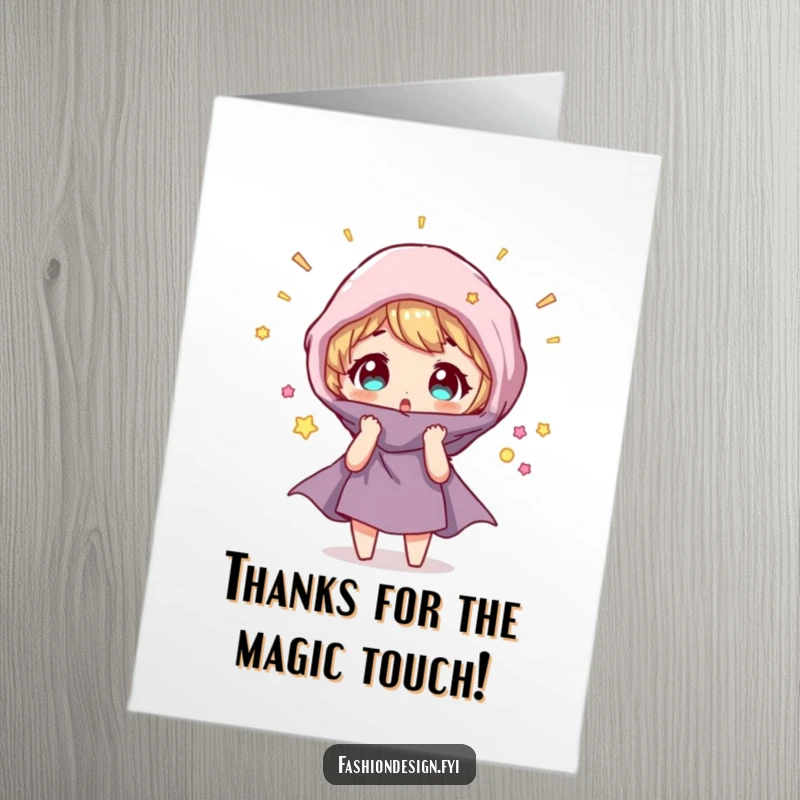 Funny Free Printable Thank You Card: Character surprised by magical fabric transformation, expressing thanks.