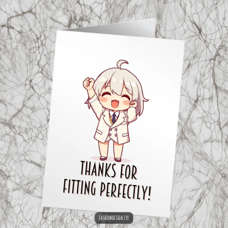 Funny Free Printable Thank You Card: Character proudly presents a flawlessly tailored miniature garment as thanks.