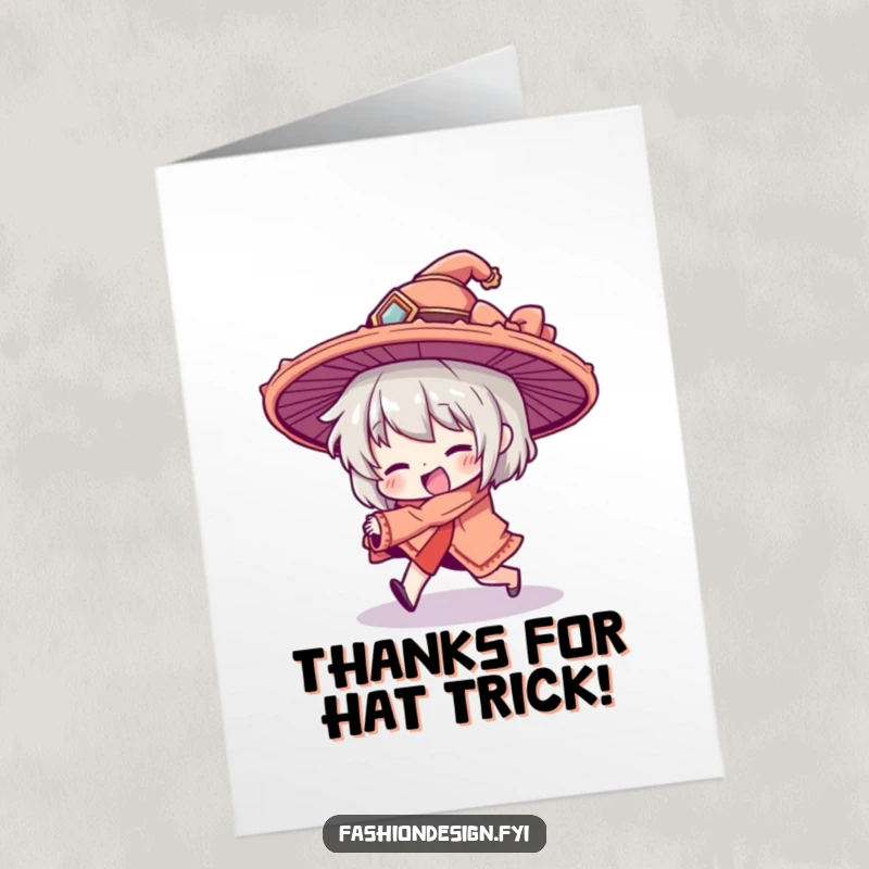 Funny Free Printable Thank You Card: Character tripping over an oversized hat, a hilarious way to say thanks.