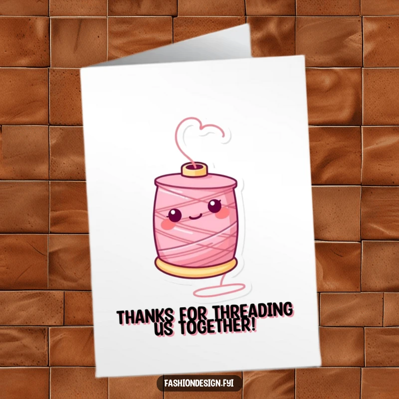 Funny free printable thank you card featuring a cheerful spool of thread doing a funny twirl, expressing thanks.