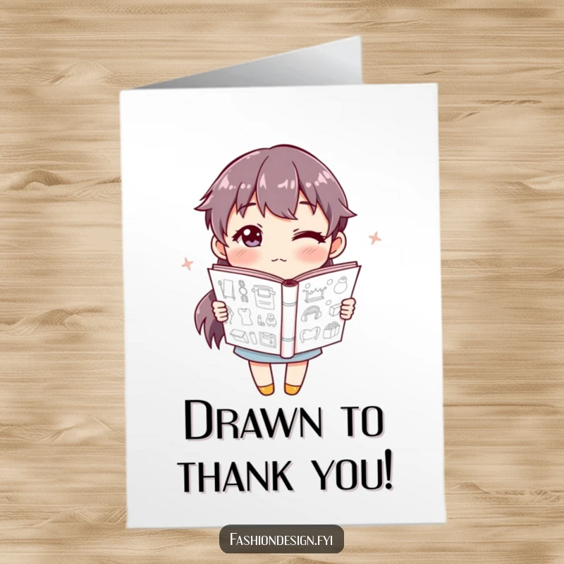 Funny Free Printable Thank You Card with a winking character holding an open sketchbook filled with designs, offering thanks.