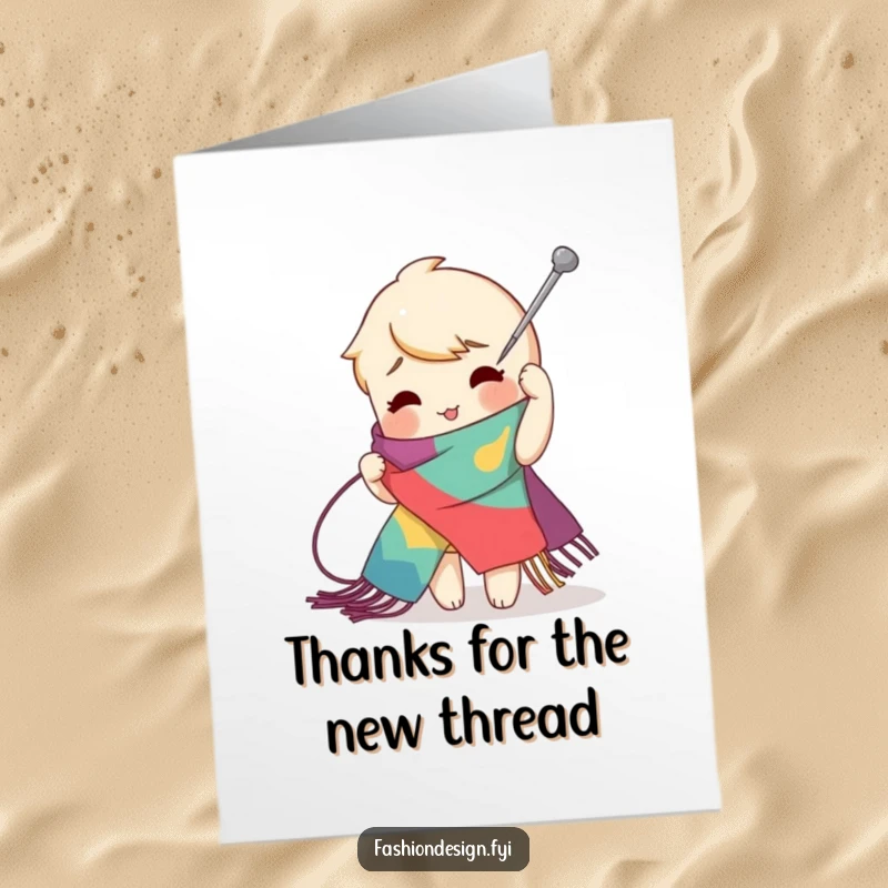 Funny Free Printable Thank You Card with a playful character using a giant needle to create an exaggerated zig-zag stitch on a scarf.