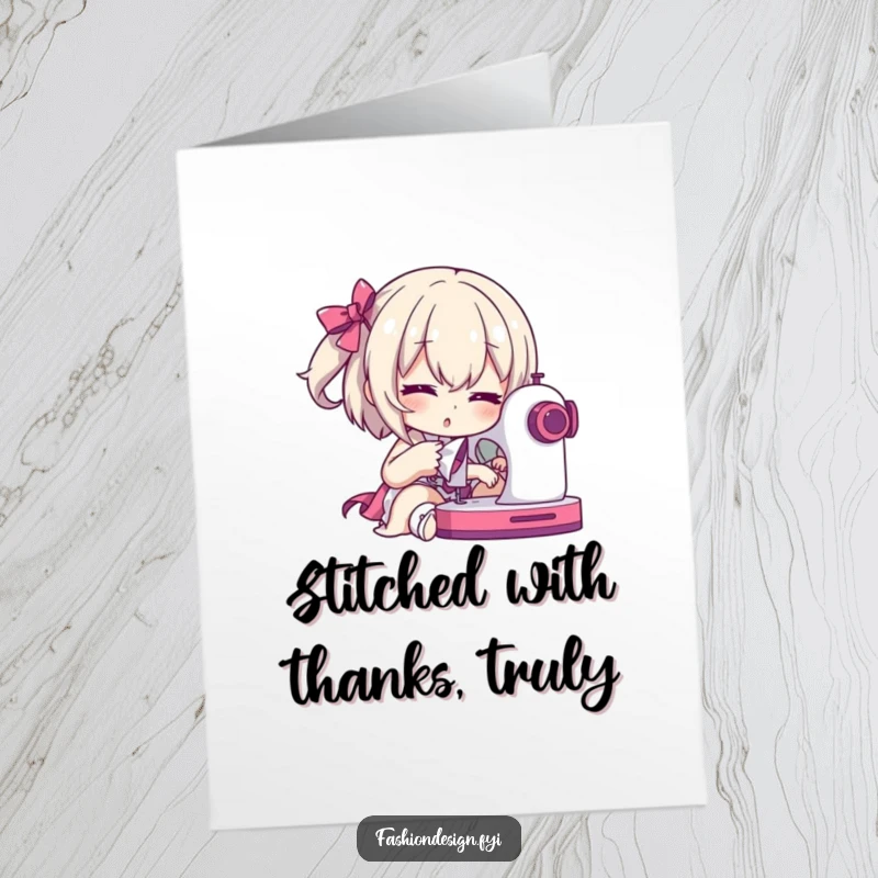 Funny Free Printable Thank You Card: Character posing with sewing machine, mid-stitch, to thank a sewing friend.