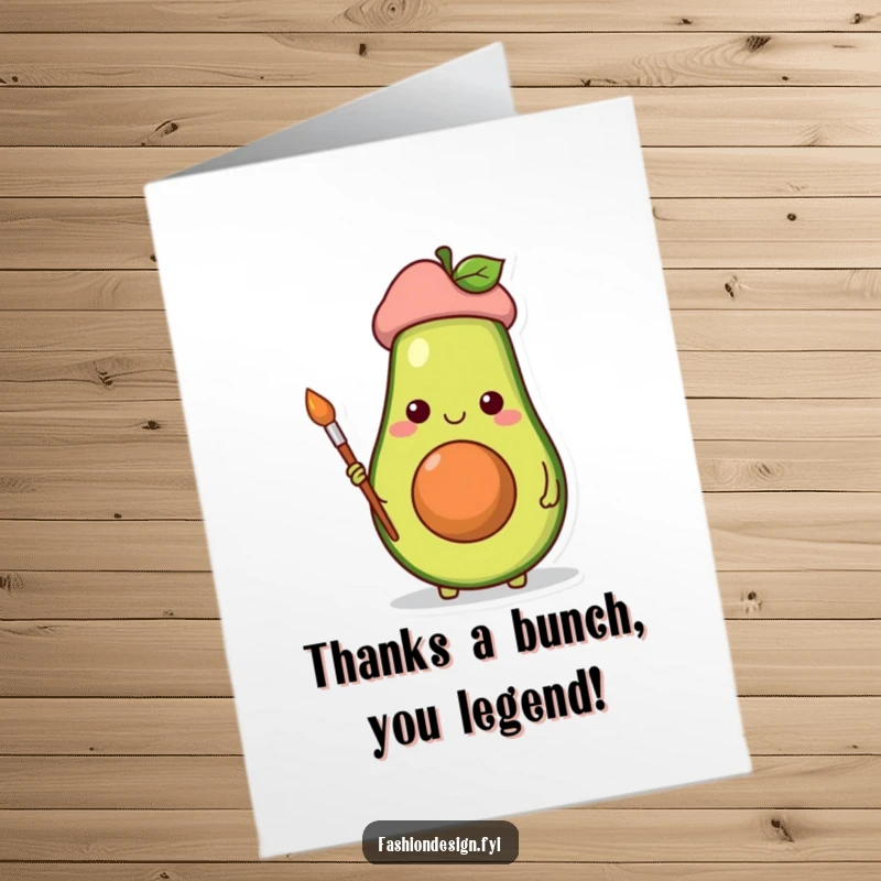 Funny Free Printable Thank You Card: Cheerful avocado artist in beret, holding paintbrush, expressing thanks.